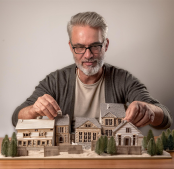 Man arranging a mini house with his hands